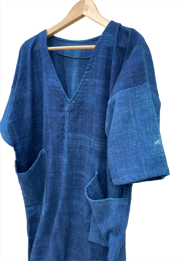 Handcrafted Mudcloth Clothing;Woven Fabrics Of Jute Or Of Other Textile Bast Fibers;Indigo Mudcloth Dress, African Cotton Textile, Hand Dyed Solid Blue Dress, Indigo Fabric Dress Clothing