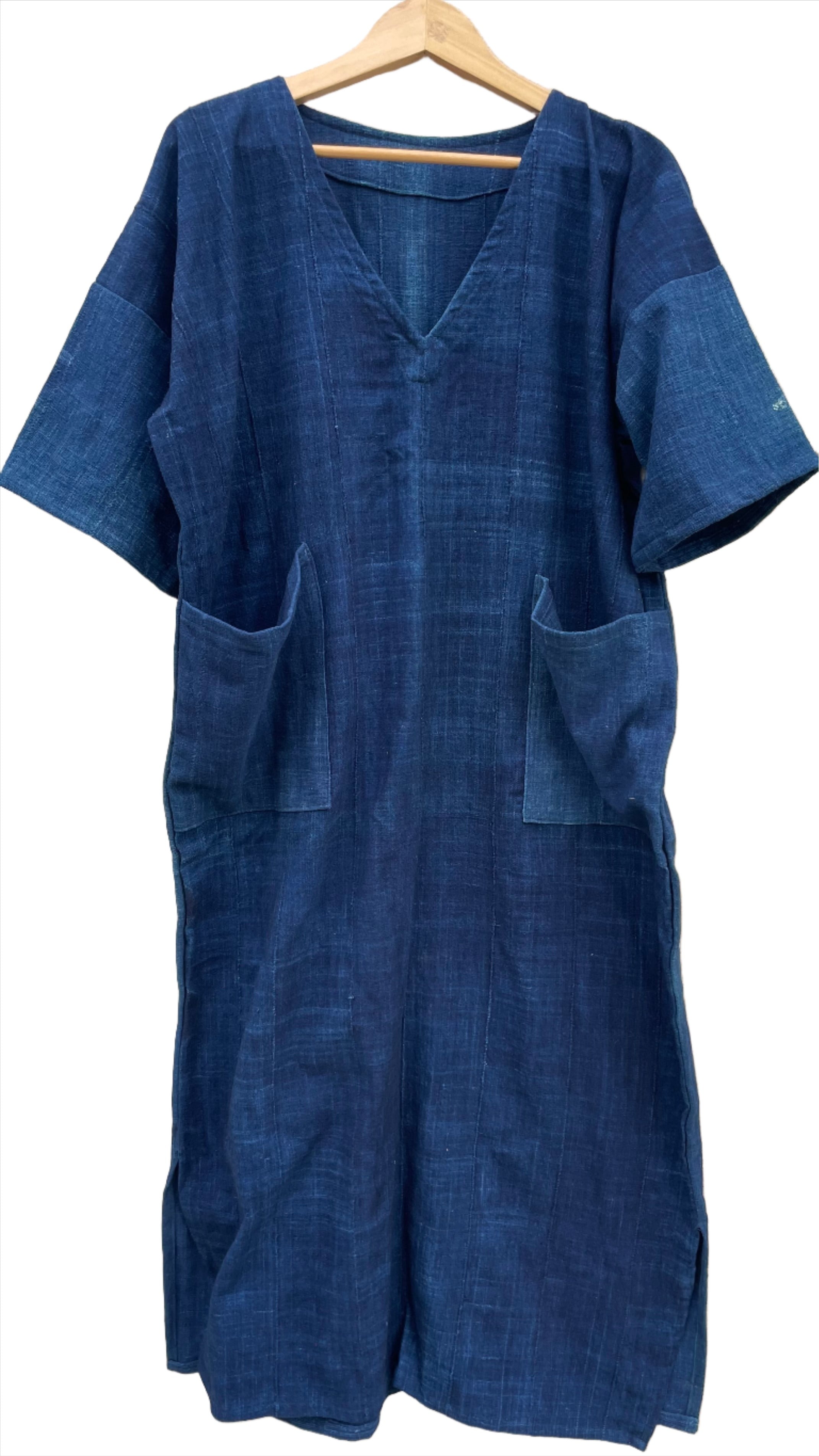 Handcrafted Mudcloth Clothing;Woven Fabrics Of Jute Or Of Other Textile Bast Fibers;Indigo Mudcloth Dress, African Cotton Textile, Hand Dyed Solid Blue Dress, Indigo Fabric Dress Clothing