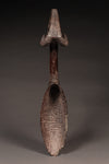 Tribal Objects - African Tribal Art - Ancient Ceremonial Art - Handcrafted Artifacts - Masks - Wood Sculptures - Iron Bronze Objects - Textiles - Art Pieces - African Folk Art - This rare and authentic Ceremonial Ladle Spoon from the Dan Tribe is carved from wood from the Ivory Coast and Liberia. It features a Ram's Head on the handle and is estimated to be very old. A true collector's item, perfect for those looking for an extraordinary cultural piece. 30" x 6" Inventory # 10299