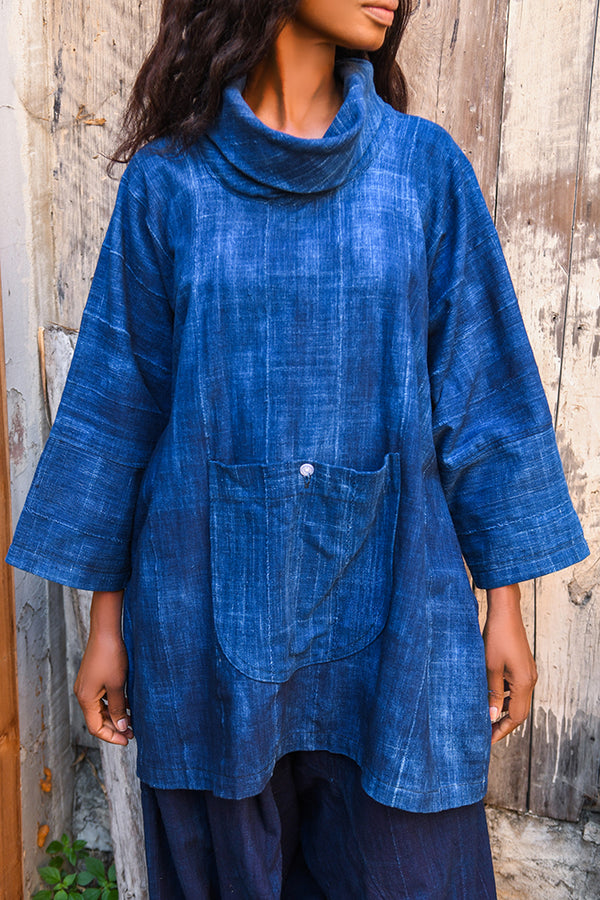 Handcrafted Mudcloth Clothing - Handmade - Contemporary - African Art - Bohemian Style - Solid Blue Indigo Fabric Tunic - Bohemian Look - Crafted African Mudcloth Textile - Indigo Cotton Fabric - Tunic - Stylish - Fashionable - Any Wardrobe