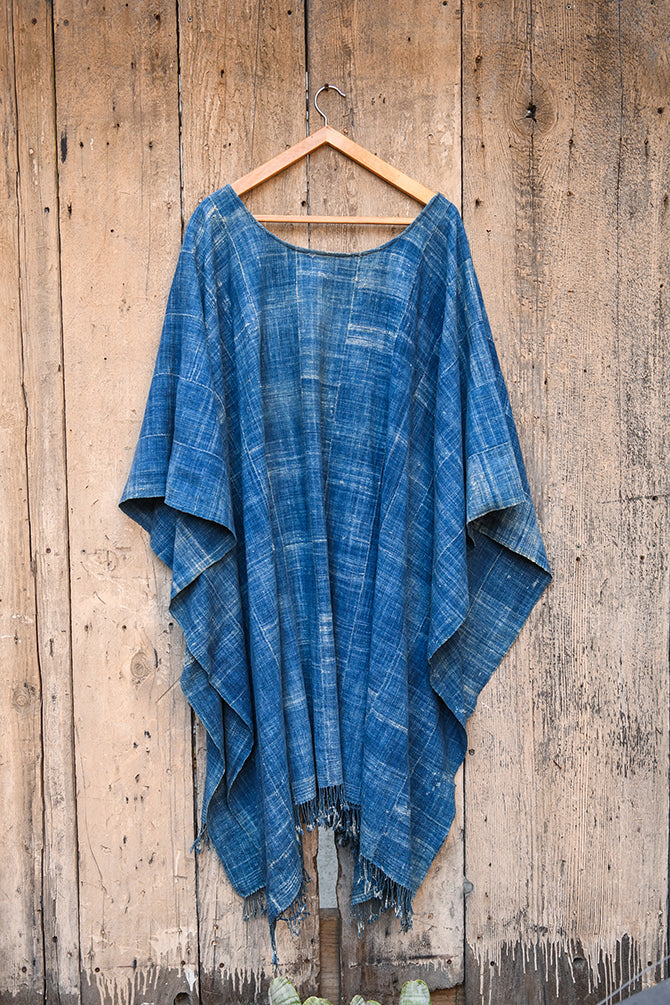 Handcrafted African Art - Mudcloth Clothing - Poncho - Indigo - Fabric Textiles