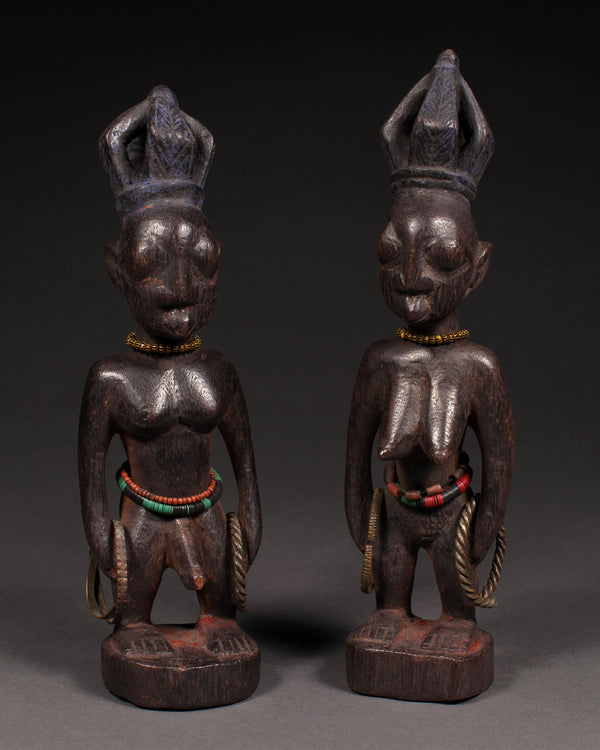 Tribal Sculptures; Original sculptures and statuary, in any material; Handcrafted; Traditional; Folk Art; Collection; Artifacts;Of an age exceeding 100 years ; African Ibeji Twin Figures,Yoruba Tribe, Nigeria, Carved Wood