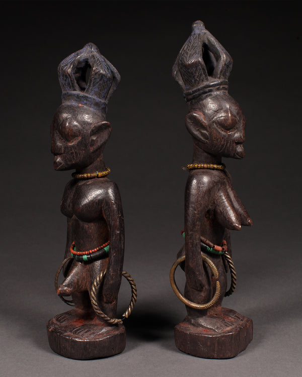 Tribal Sculptures; Original sculptures and statuary, in any material; Handcrafted; Traditional; Folk Art; Collection; Artifacts;Of an age exceeding 100 years ; African Ibeji Twin Figures,Yoruba Tribe, Nigeria, Carved Wood