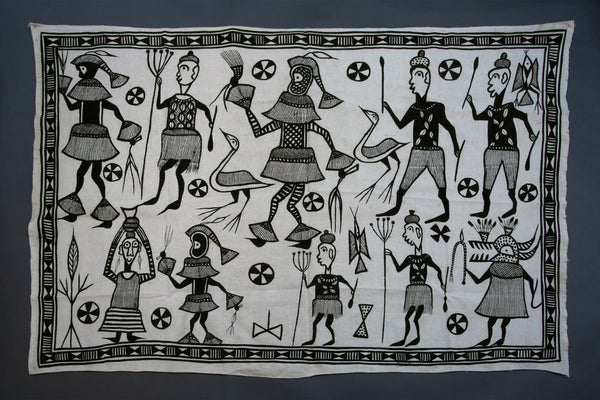 Handcrafted Textiles - Artisan Designed - Handcrafted African Art Textiles - Home Decor - Living Spaces - Mix Colors - Bold Patterns - Traditional Designs - African Culture - This Vintage Cotton Fabric is a unique home decor piece, crafted with traditional Senufo African Mudcloth and hand-painted artwork. It features classic black and white tapestry designs to decorate any room. The timeless look of this fabric will give a special charm to any interior.  64" x 41" Inventory # 10812