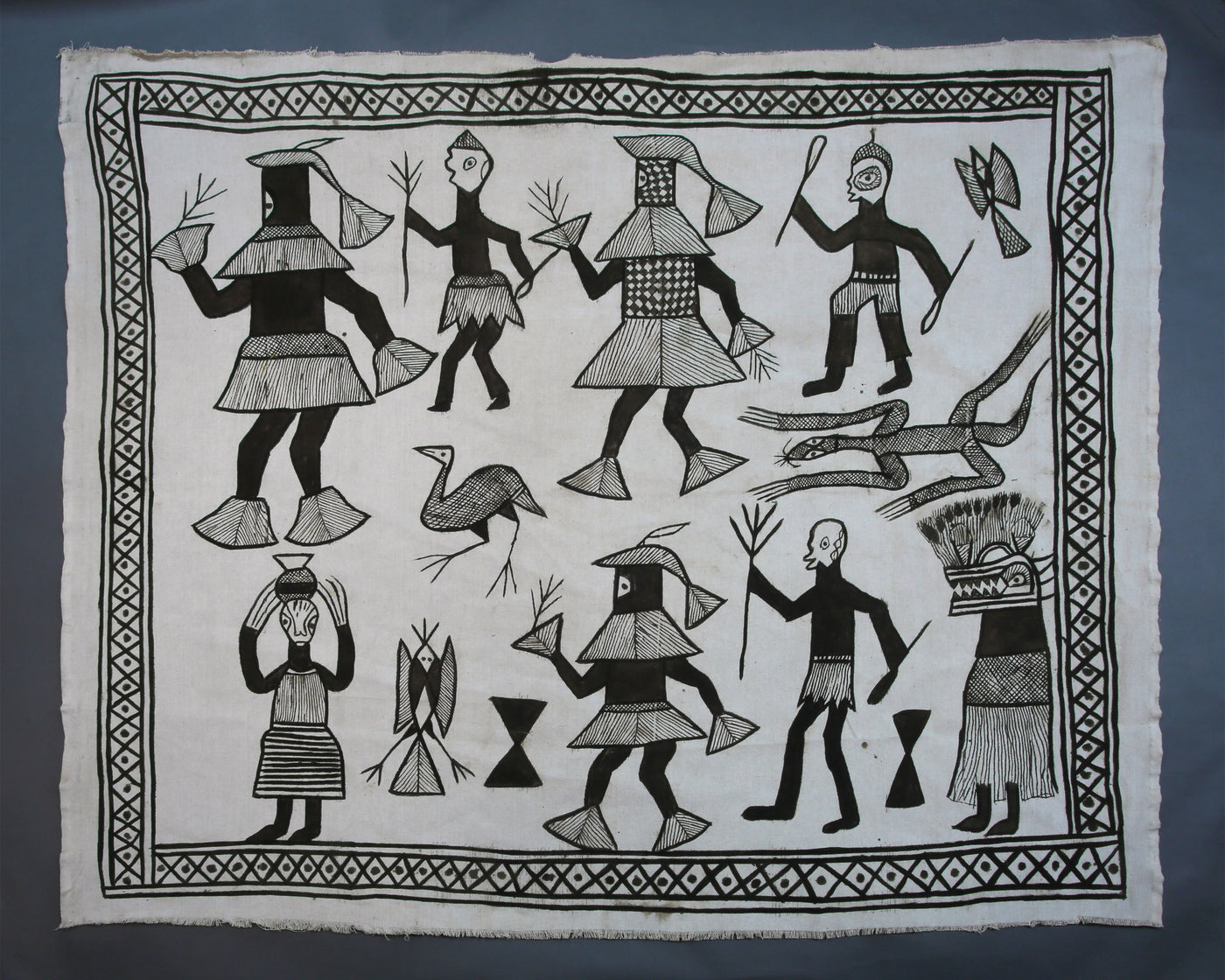 Hand Painted, Black White, Decorative Senufo Mudcloth Cotton Textile