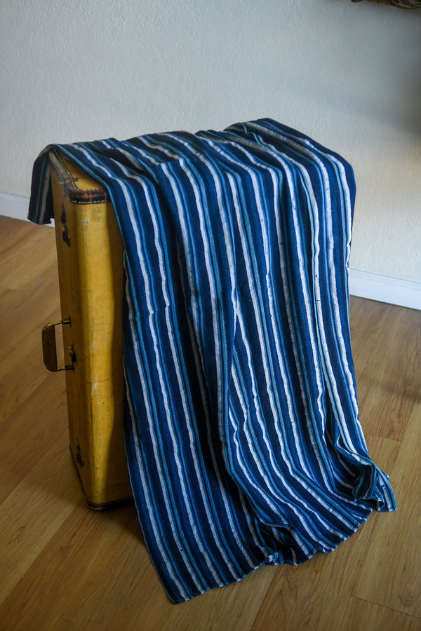 Handcrafted textiles; African Indigo, Home Decor Fabric, Blue White Striped Pattern, Vintage Cotton Textile