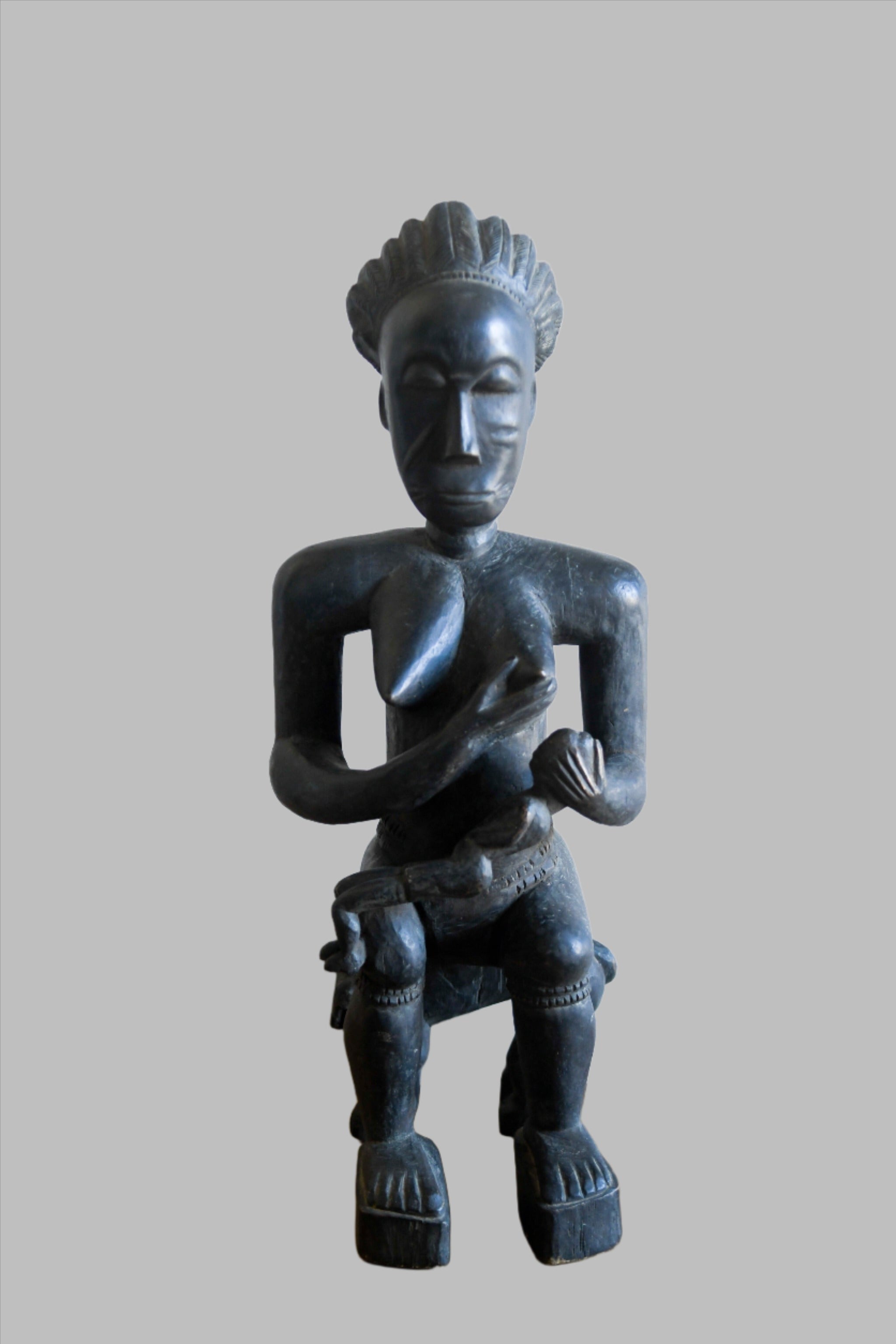 Tribal Art Sculpture; Original sculpture, Wood material; Used;Traditional; Folk Art; Other African ; Collectors' Pieces and Antiques; Ethnographic Pieces; Artwork Decor; Ashanti Seated Maternity Figure, Carved Wood, African Sculpture