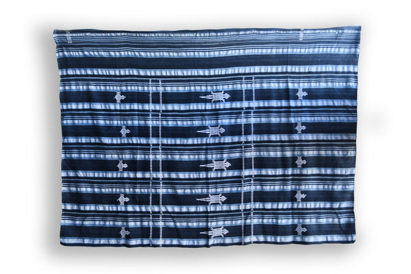 Handcrafted Textiles - African Art - Woven Cotton - Used - Home Decor - African Plural Art - Hand Dyed  African Indigo, Stripe Woven Embroidered Fabric, Blue White Cotton Mudcloth, Home Decor Tapestry, Textile Blanket