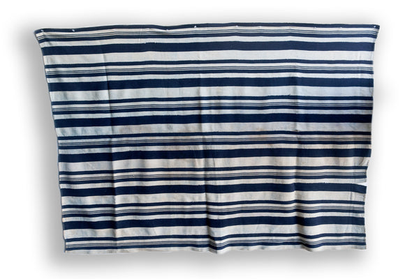 Handcrafted Textiles - African Art - Woven Cotton - Used - Home Decor - African Plural Art - Tie Dyed African Indigo Textile, Blue White Striped Vintage Cotton Fabric, Home Decor
