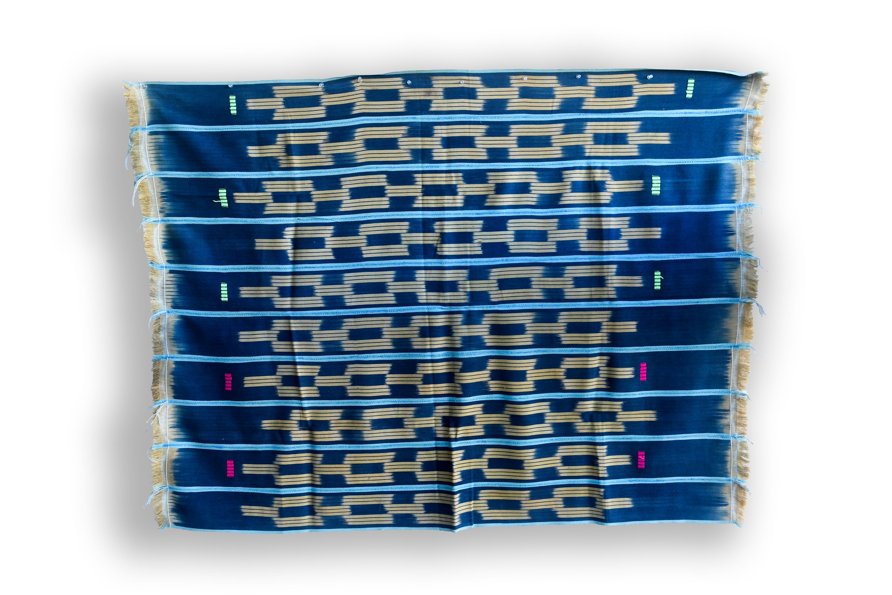 Handcrafted Textiles - Artisan Designed - Handcrafted African Art Textiles - Home Decor - Living Spaces - Mix Colors - Bold Patterns - Traditional Designs - African Culture - This Indigo Tie Dyed Ikat Fabric is crafted from an African cotton textile, inspired by a vintage Baule design. Length: 55 inches Width: 41 inches
