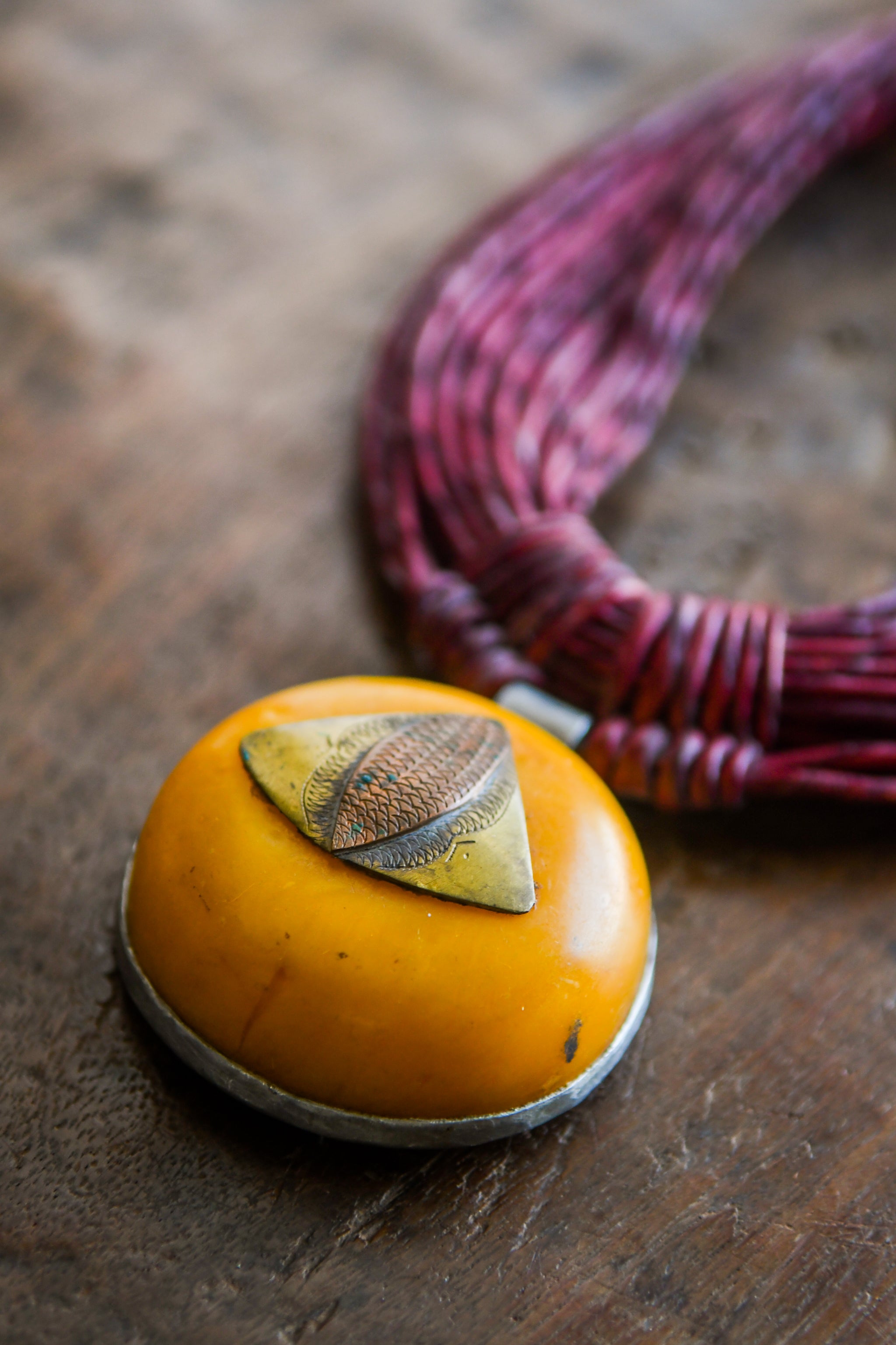 Tribal Necklaces - African Plural Art - African Art - Necklaces - Jewelry - African Tribal Leather Necklace, Amber Pendant