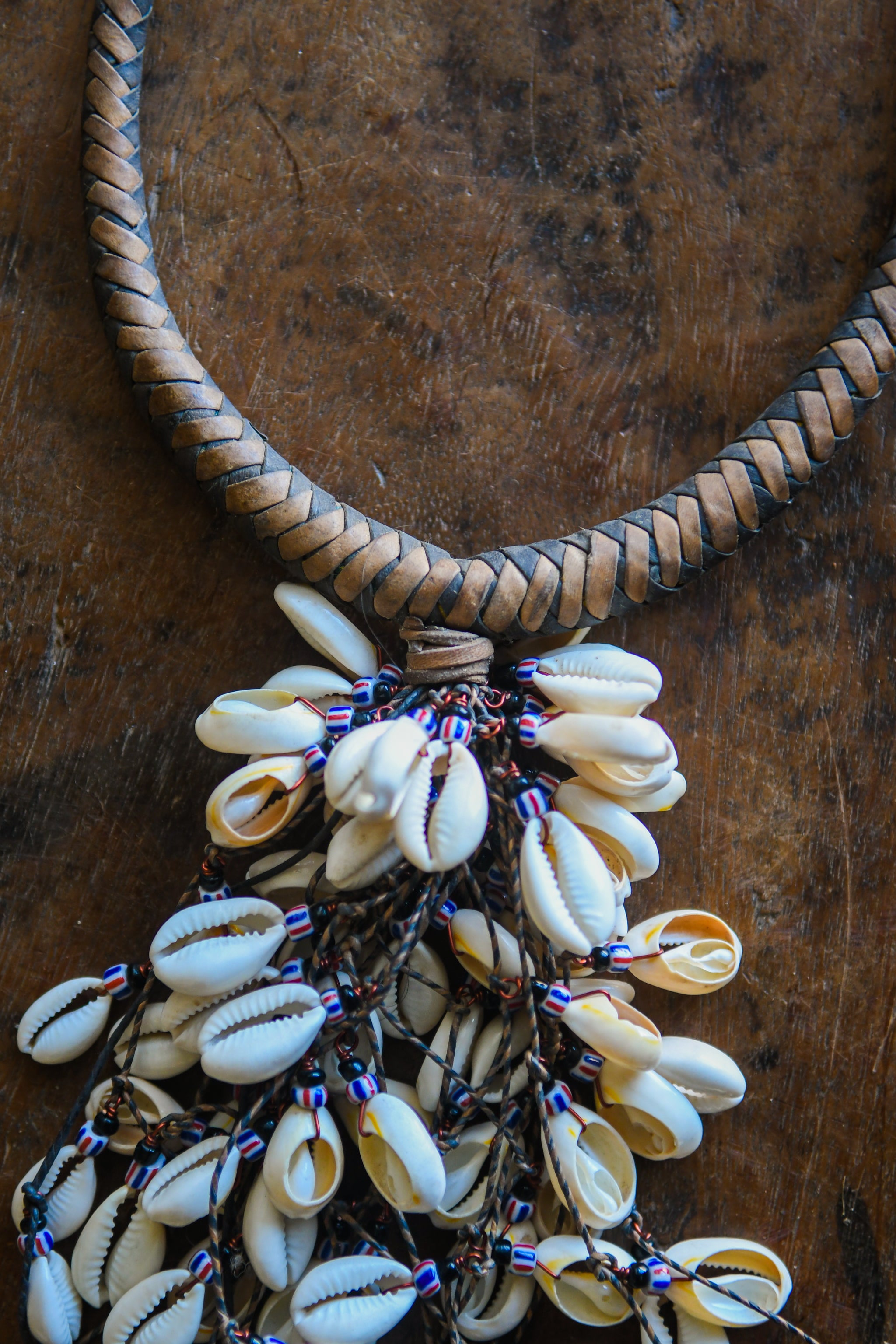 Tribal Necklaces - Traditional - Folk Art - African - Objects - Artifacts - Collectible - Cowrie Shell Necklace Pendant - Unique Timeless Piece - Crafted Old Tribal Cowrie Shell Pendant - Leather Necklace - Venetian Chevron Trade Beads - Handcrafted Tribal Culture - Style