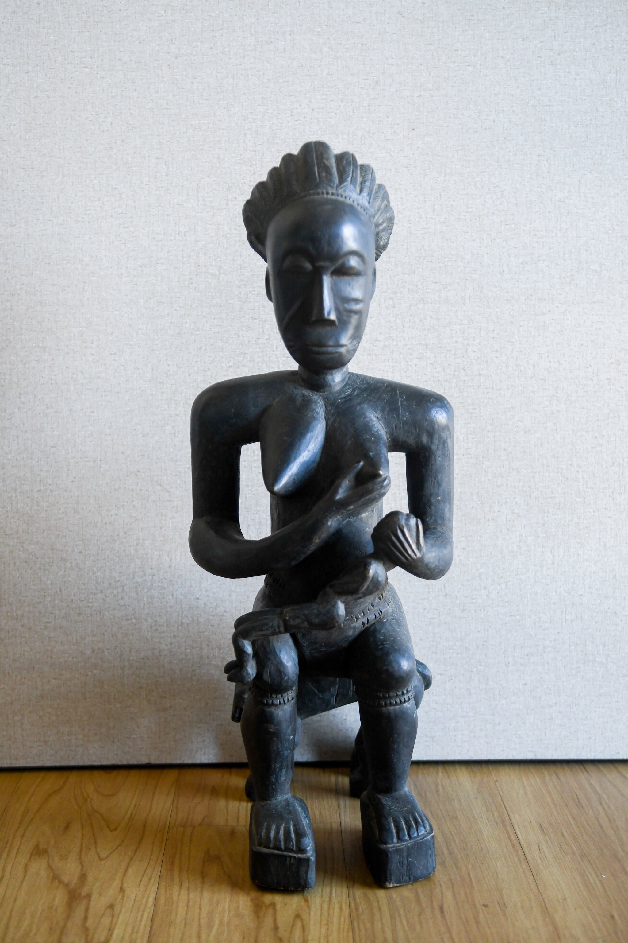 Tribal Sculptures - Traditional - Folk Art - African - Artwork - Objects - Artifacts - Statues Figures - Collectible - Ashanti Seated Maternity Figure - Carved Wood - Beauty Parenthood Workmanship - Timeless Design - Collectors Admire - Graceful Curves - Rich Colors