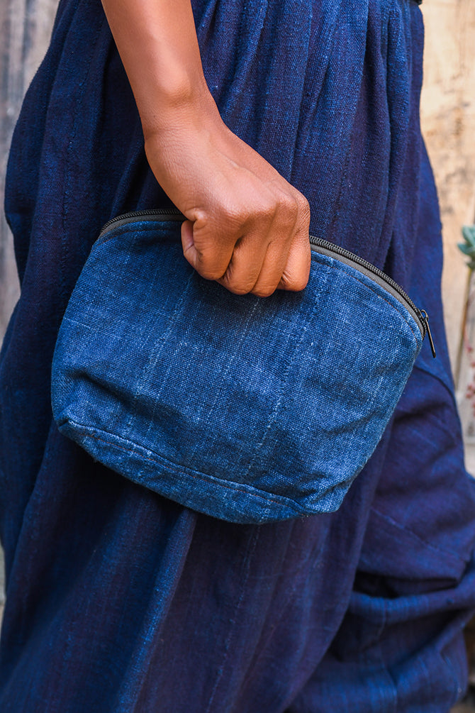 Handcrafted bags; Dyed Mudcloth Fabric, African Indigo Textile, Accessory Makeup Bag