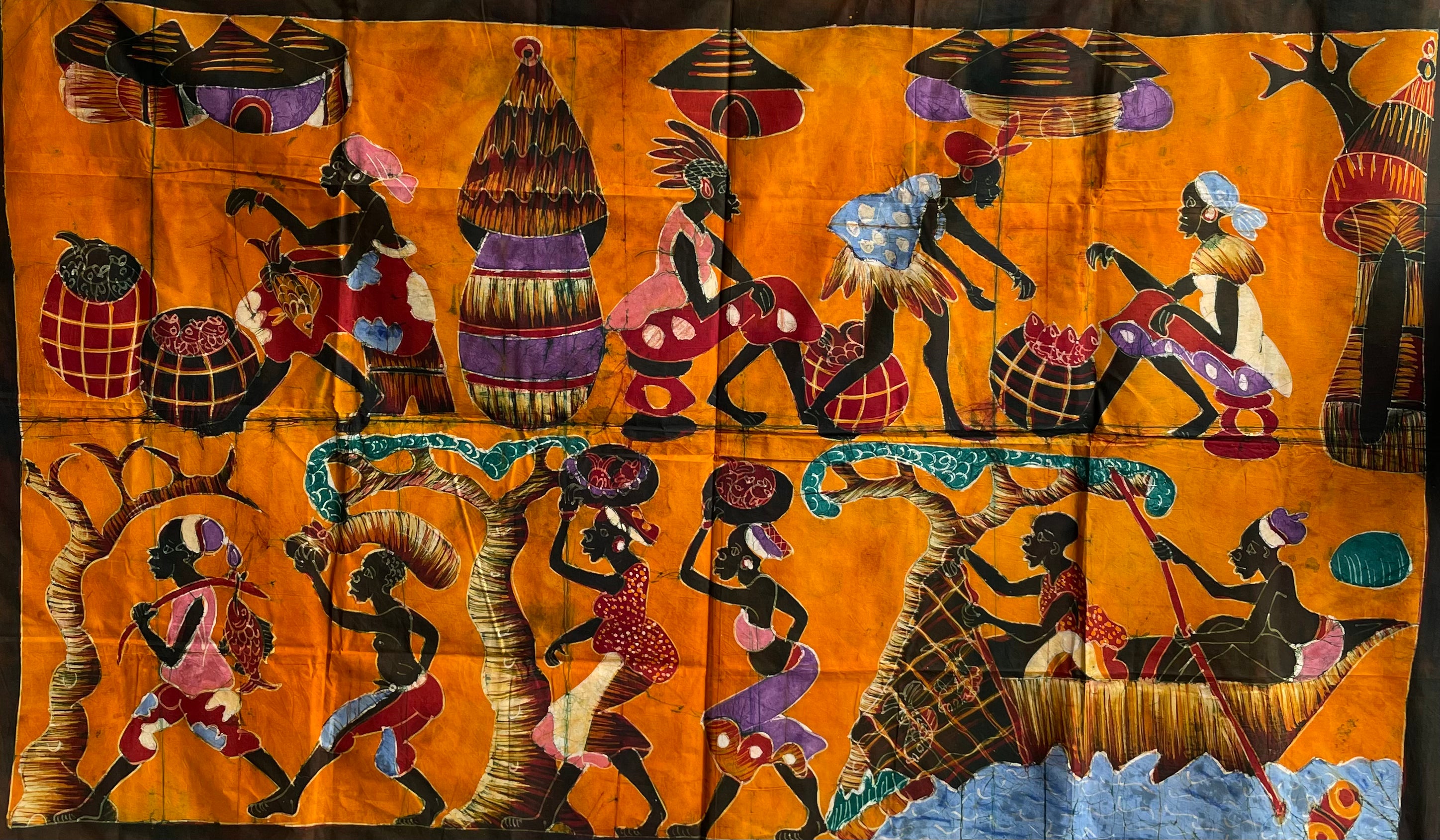 Handcrafted Art Textiles; Woven Fabrics; Other African; Batik Based; Cotton; Traditional; Intricate Patterns; Vintage; Living Spaces; Home Decor; Tapestries; Handmade Resist Dyed African Batik, Wall Decor Cotton Textile