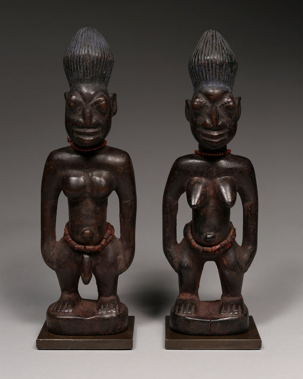 Tribal Art Sculpture; Original sculpture, Wood material; Used;Traditional; Folk Art; Other African ; Collectors' Pieces and Pieces; Artwork Decor; Male/Female Pair of Ibeji Twins Figures, Yoruba Tribe, Nigeria Wood, glass beads, African