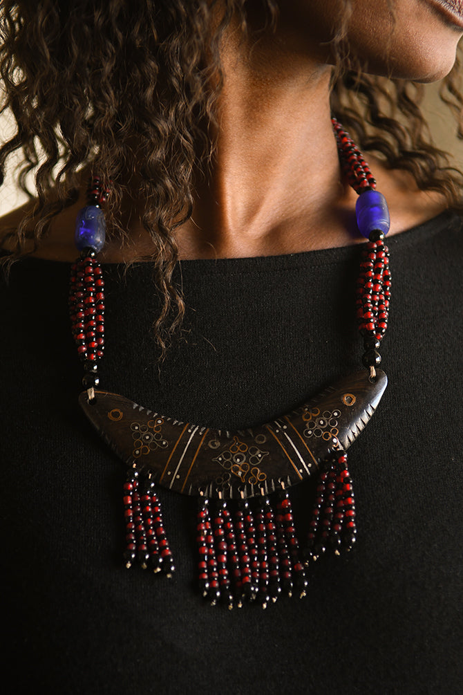 Handcrafted Art - Necklaces; Collection; Other African; Statement Jewelry, Beaded Wood Pendant, Tribal African Necklace
