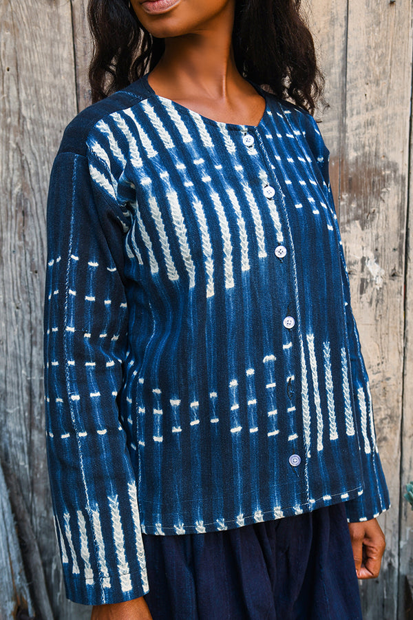 Handcrafted Art ; Mudcloth Clothing; Other African; Striped Indigo Tunic, White Blue African Cotton Mudcloth Fabric