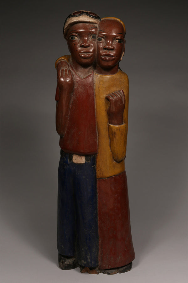 Handcrafted Sculptures - African Art - Wood Carving - Statuettes - Vintage - Home Decor - Decorative Friendship Sculpture, Handmade Painted Wooden, African Artwork