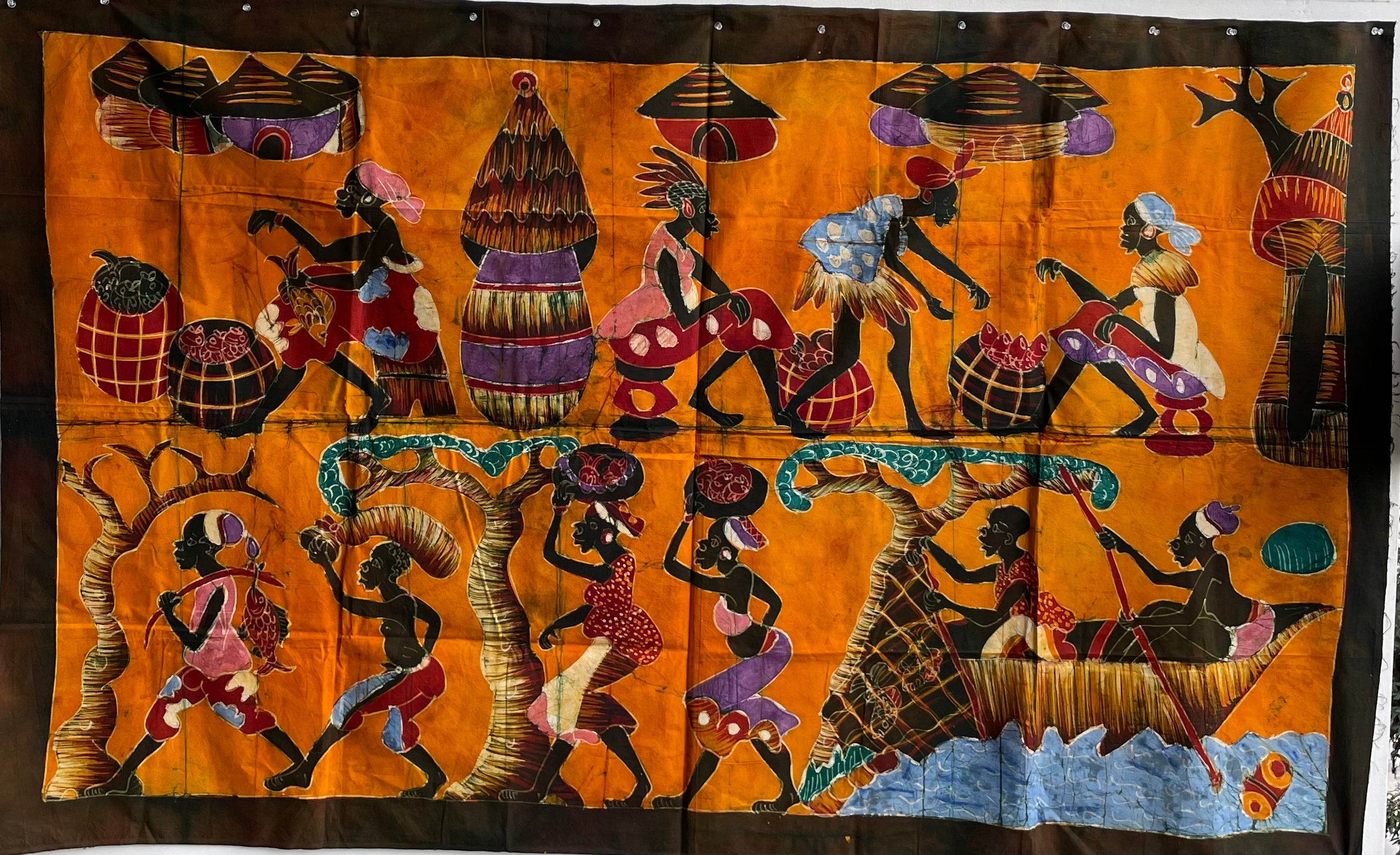 Handcrafted Art Textiles; Woven Fabrics; Other African; Batik Based; Cotton; Traditional; Intricate Patterns; Vintage; Living Spaces; Home Decor; Tapestries; Handmade Resist Dyed African Batik, Wall Decor Cotton Textile